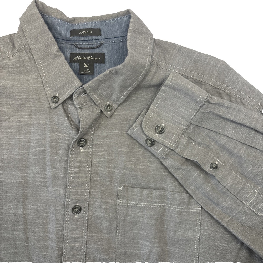 Eddie Bauer Men's Gray Classic‎ Fit Button Down Shirt Regular Size XL Cotton